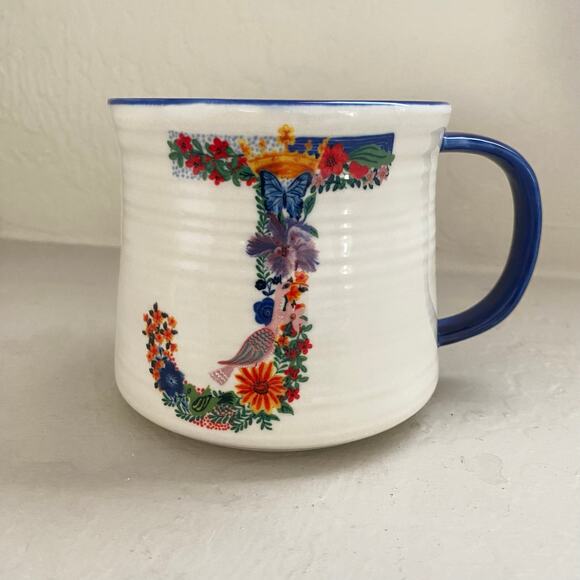 Nathalie Lete for Anthropologie Mug Letter J Monogram Coffee Mug Floral Rabbit - Picture 1 of 4